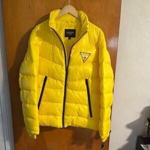 Guess Puffer Jacket Mens Large Yellow Zip Pockets